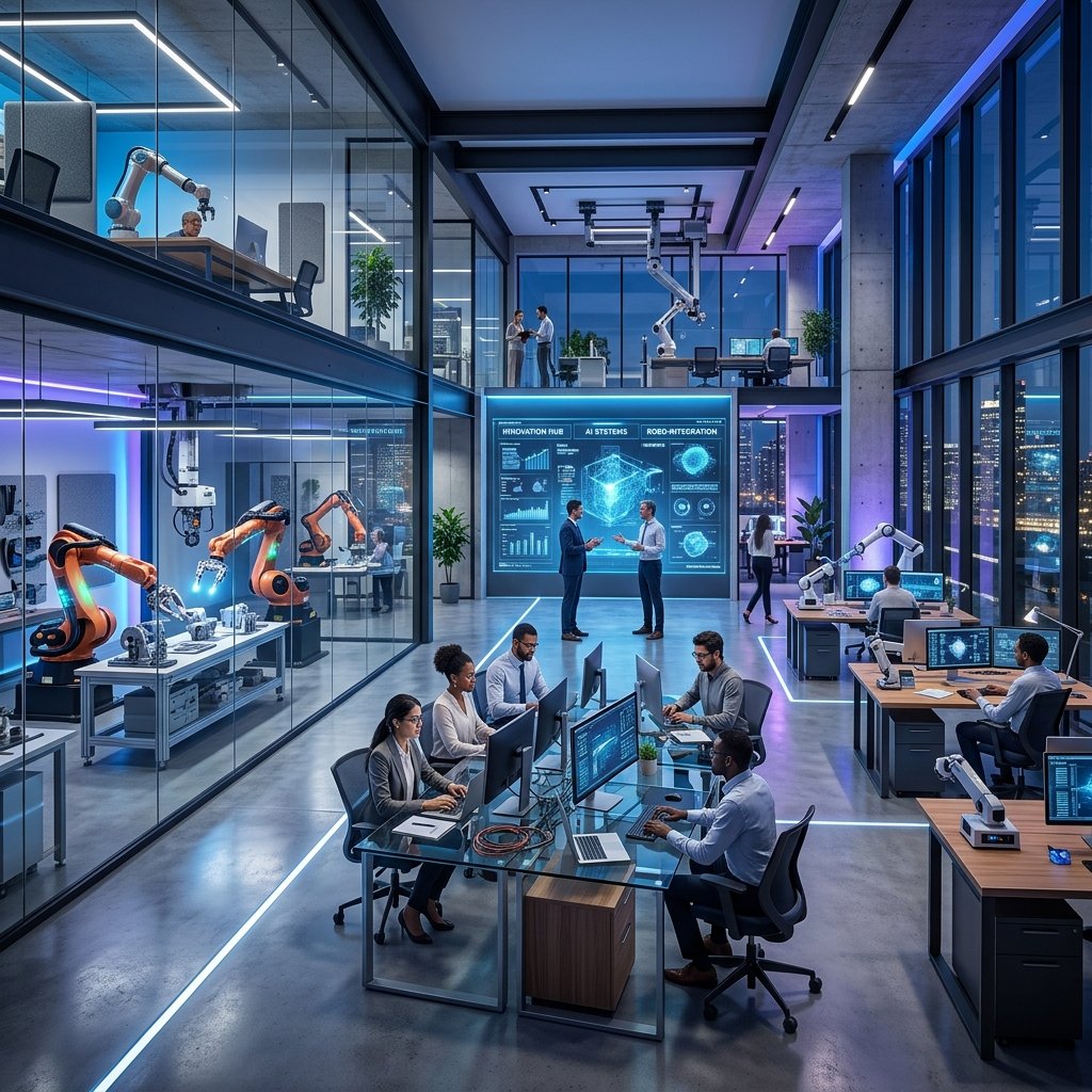 Modern technology workspace with industrial robotics